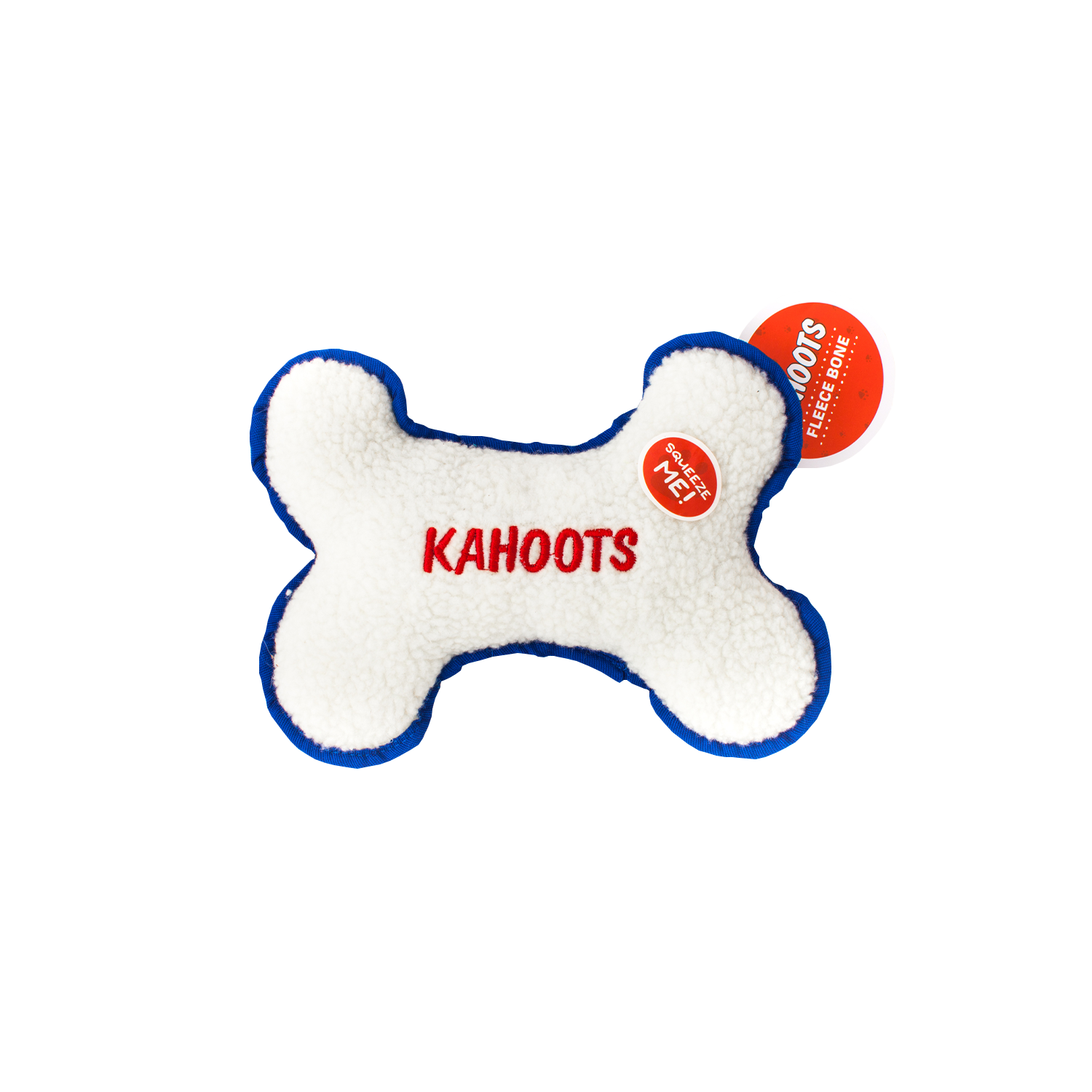 White, fuzzy, plush bone with "Kahoots" embroidered in the middle