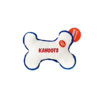 White, fuzzy, plush bone with "Kahoots" embroidered in the middle