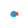 Blue fuzzy ball with red label on a white background