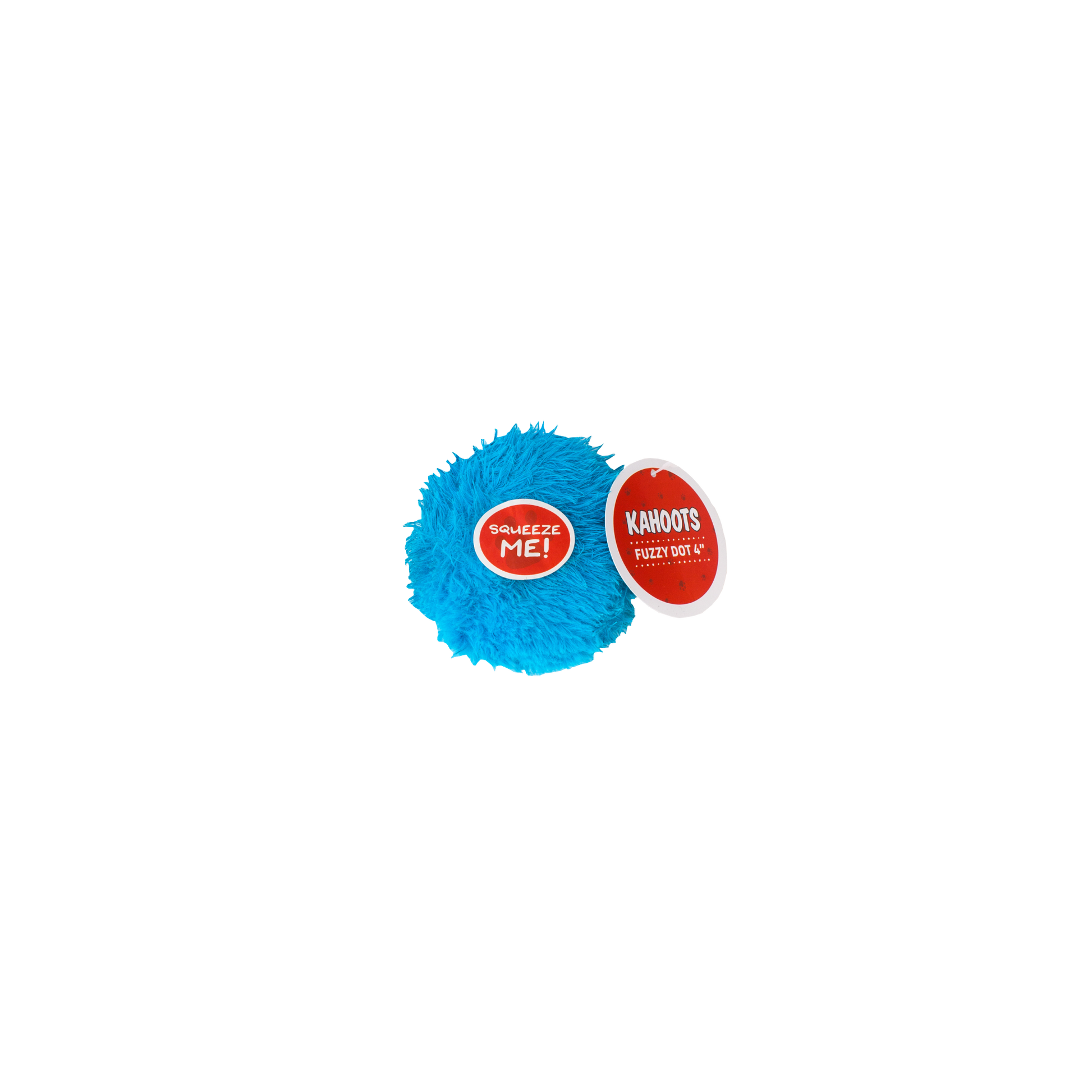 Blue fuzzy ball with red label on a white background
