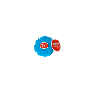 Blue fuzzy ball with red label on a white background