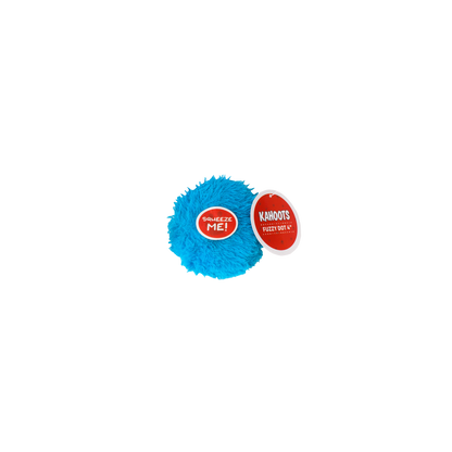 Blue fuzzy ball with red label on a white background