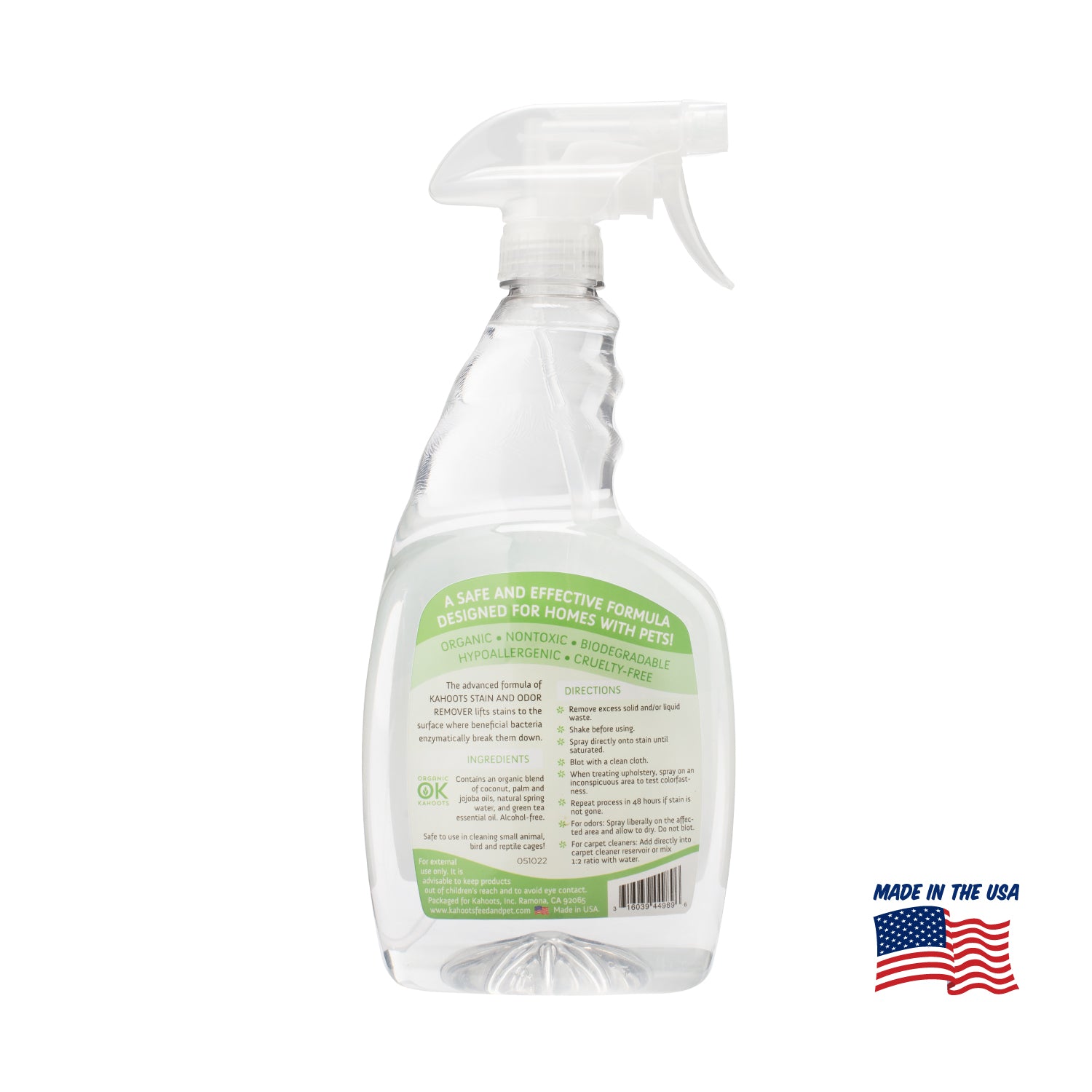 Back label, Kahoots stain and odor remover spray, green trea, made in the USA