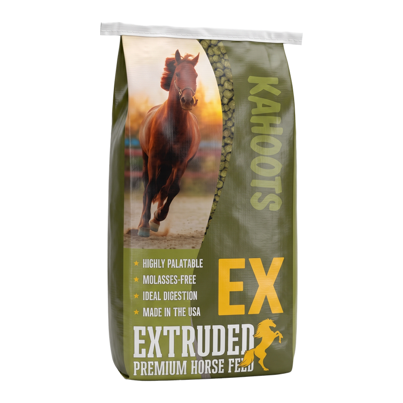A bag of Kahoots EX Extruded Premium Horse Feed, featuring a green and brown design with a photo of a running horse and yellow text.