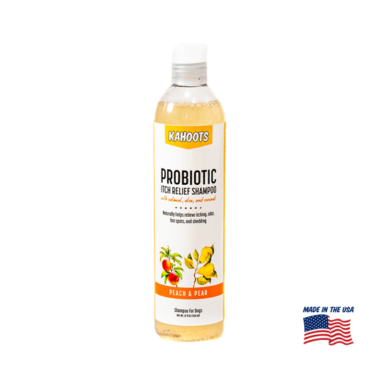 Kahoots Probiotic Itch Relief Shampoo bottle with peach and pear flavor