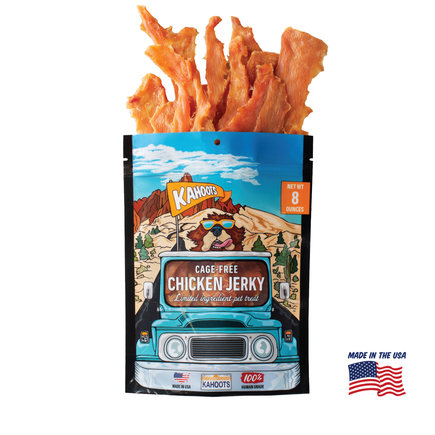 Kahoots chicken jerky packaging. Made in the USA