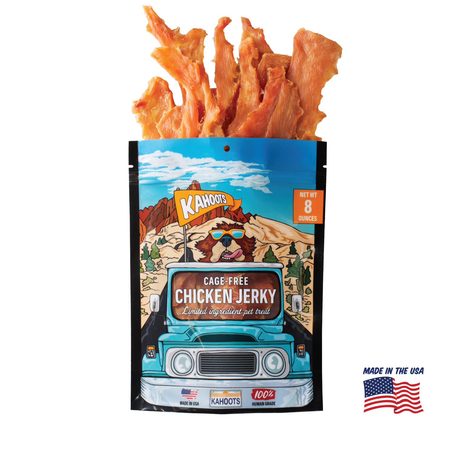 Kahoots chicken jerky packaging. Made in the USA