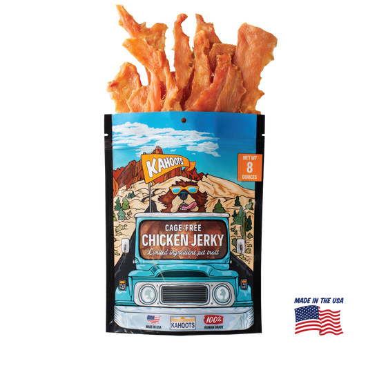 Kahoots chicken jerky packaging. Made in the USA