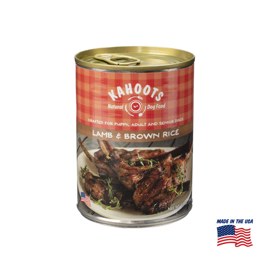 Kahoots lamb and rice wet dog food can, made in the USA