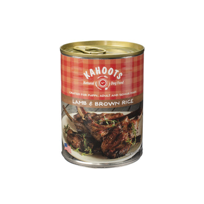 Lamb and brown rice wet dog food can. Picture of roasted duck dinner over red checked background on label