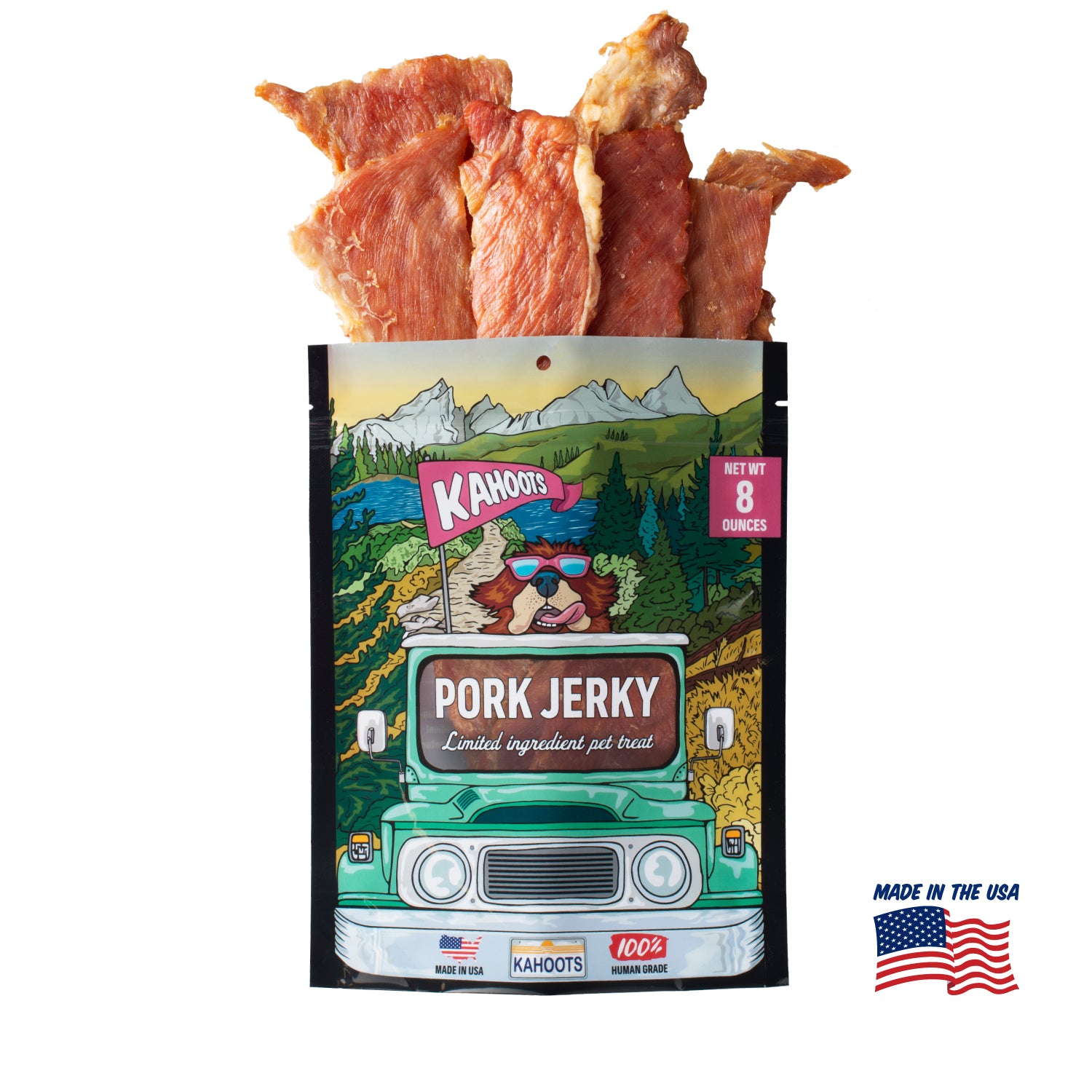 Kahoots pork chicken packaging. Made in the USA