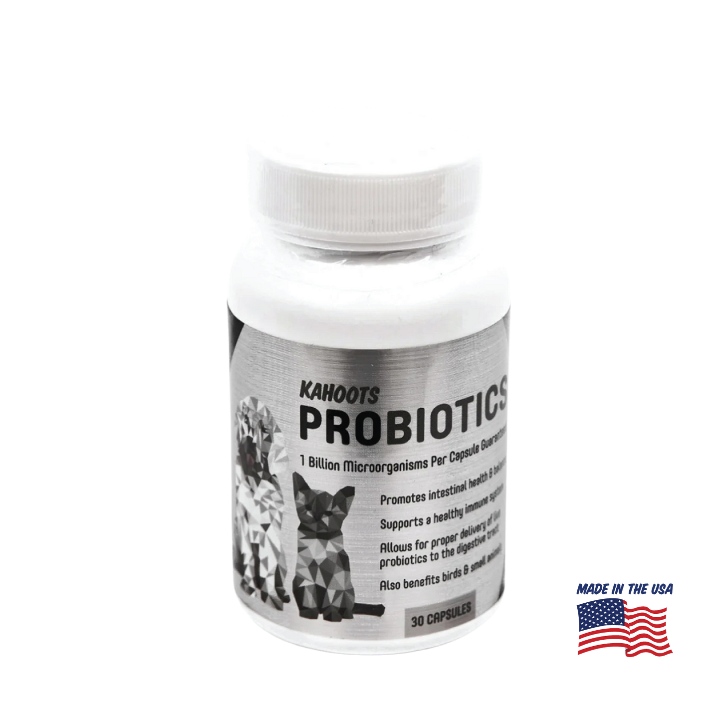 Bottle of Kahoots Probiotics with images of dogs and cats on a white background