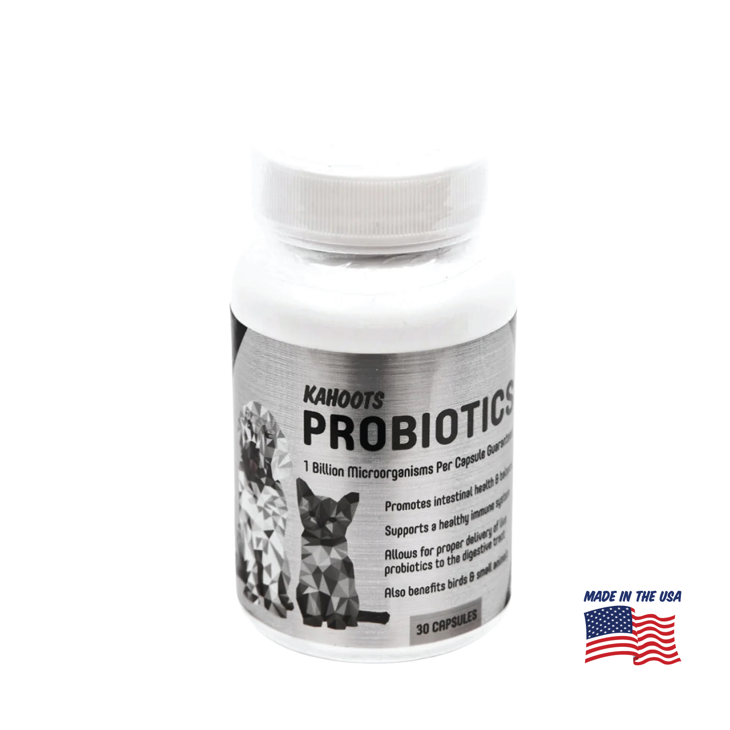Bottle of Kahoots Probiotics with images of dogs and cats on a white background