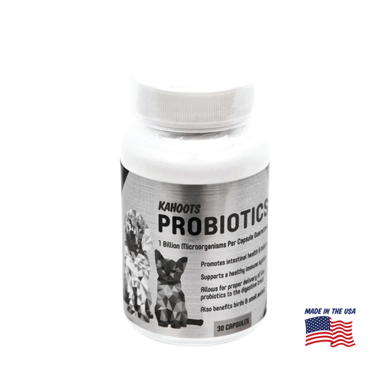 Bottle of Kahoots Probiotics with images of dogs and cats on a white background