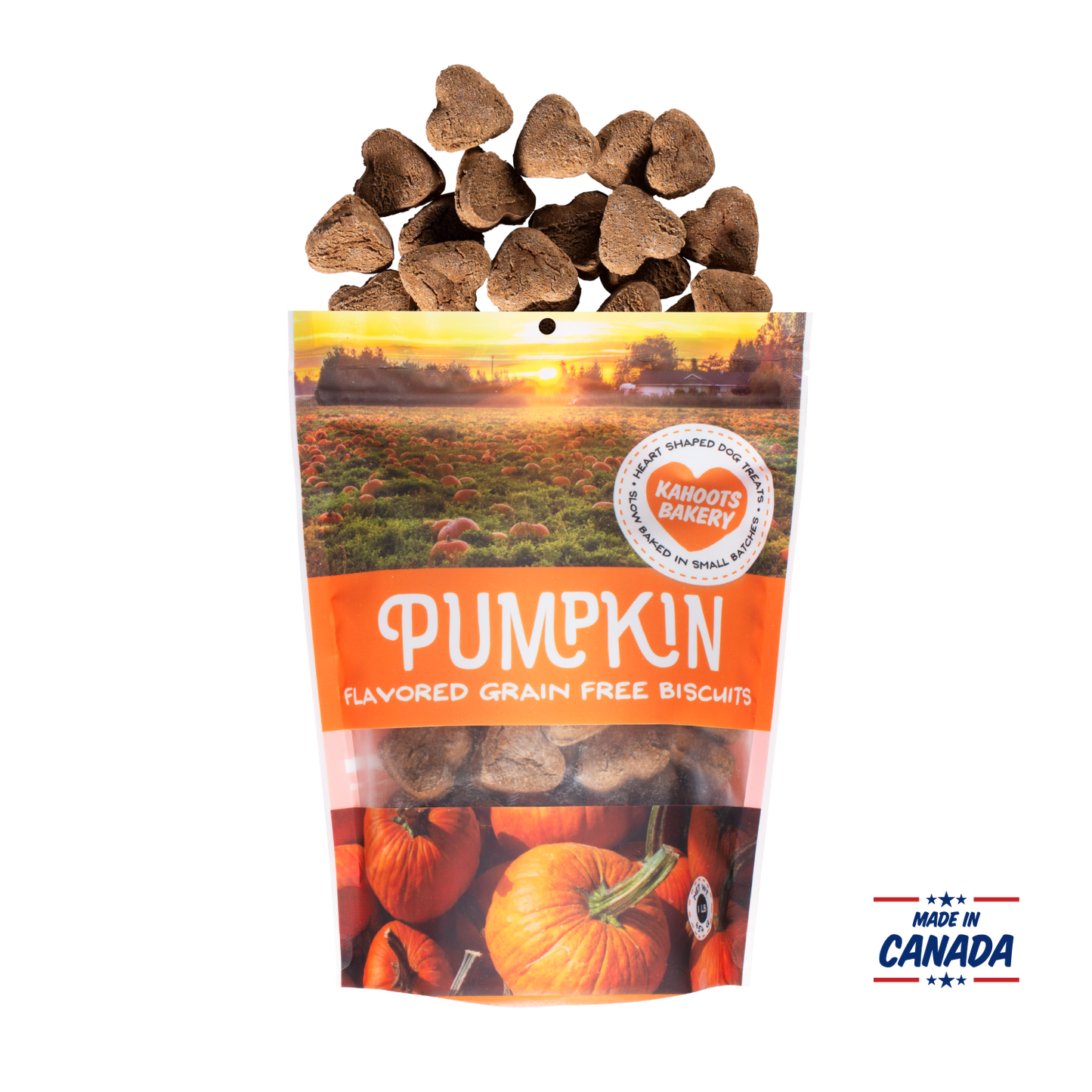 Grain free, heart-shaped pumpkin flavored dog biscuits pouring out of bag