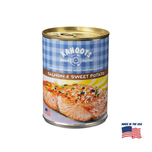 Kahoots salmon wet dog food can, made in the USA