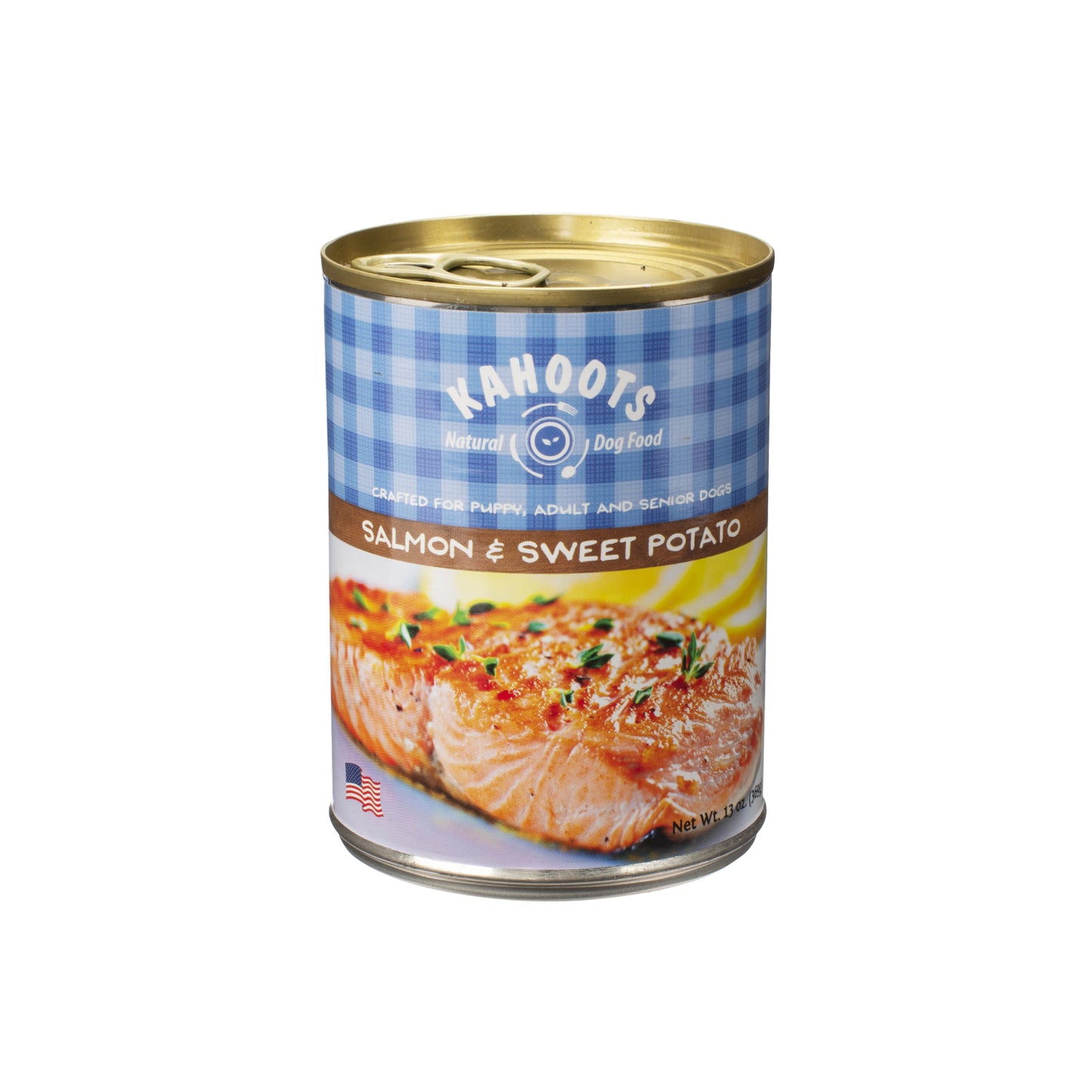 Salmon and sweet potato wet dog food can. Picture of seared salmon dinner over blue checked background on label