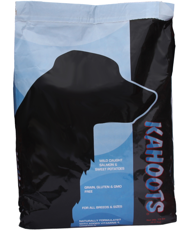 Original Kahoots dog food bag. Blue back with a black dog on the front