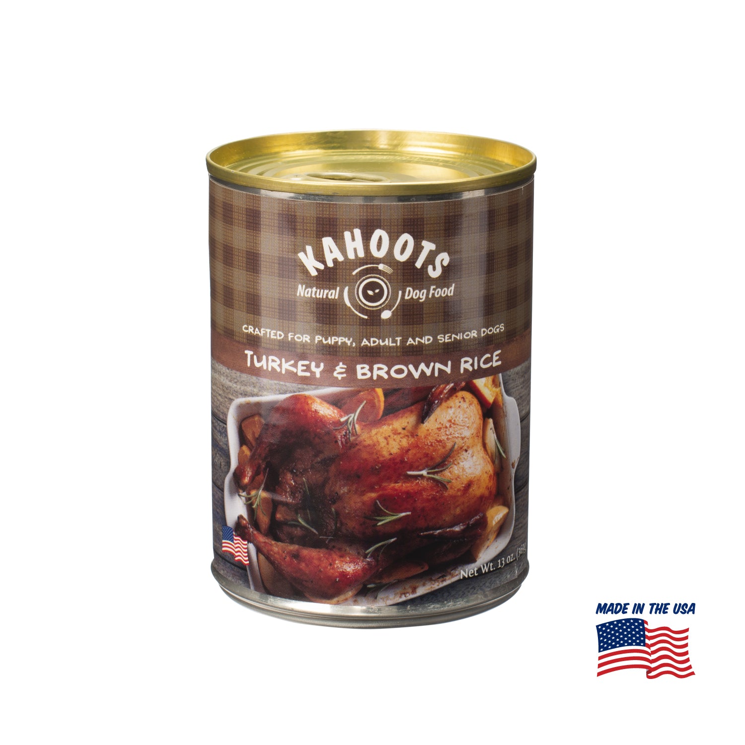 Kahoots turkey and rice wet dog food can, made in the USA