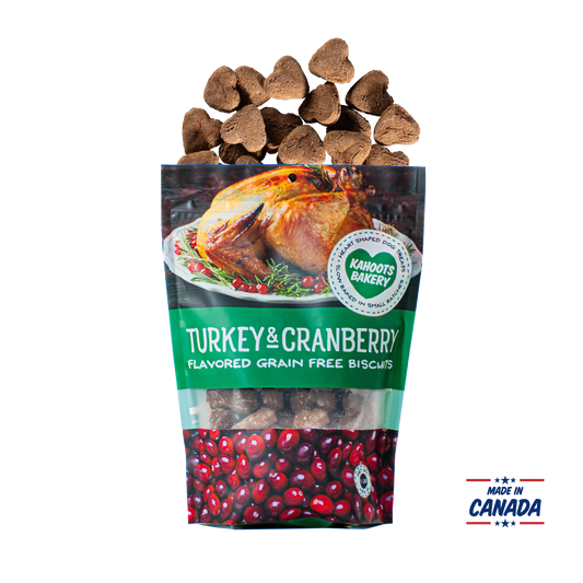 Grain free, heart-shaped turkey and cranberry flavored dog biscuits pouring out of bag