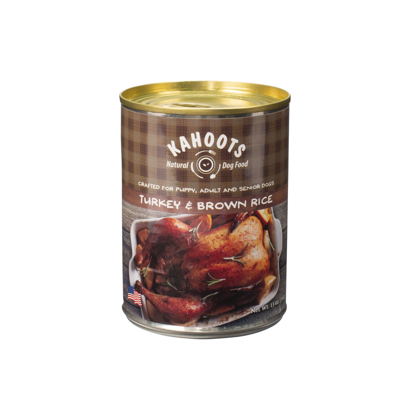 Turkey and brown rice wet dog food can. Picture of roasted turkey dinner over brown checked background on label