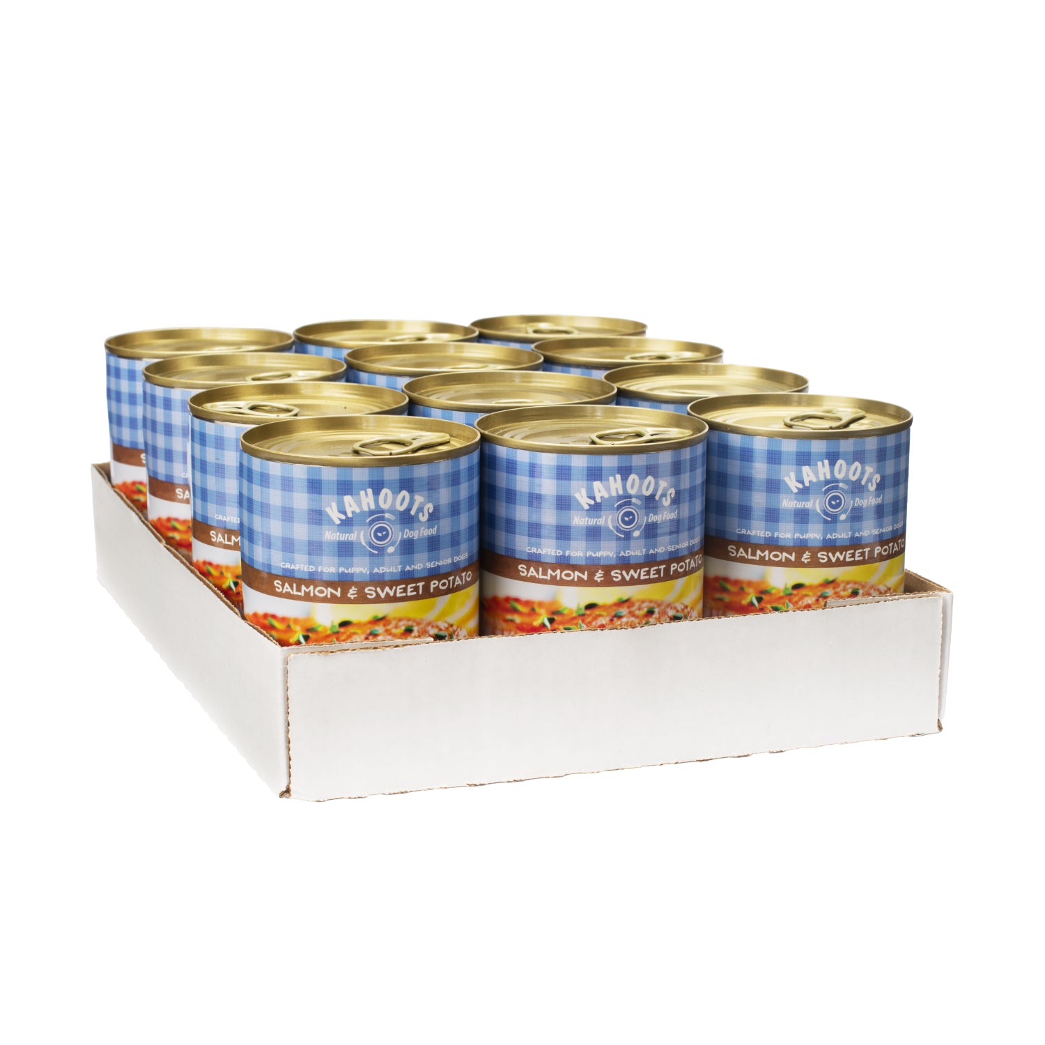 Case of Salmon and sweet potato wet dog food can. Picture of seared salmon dinner over blue checked background on label