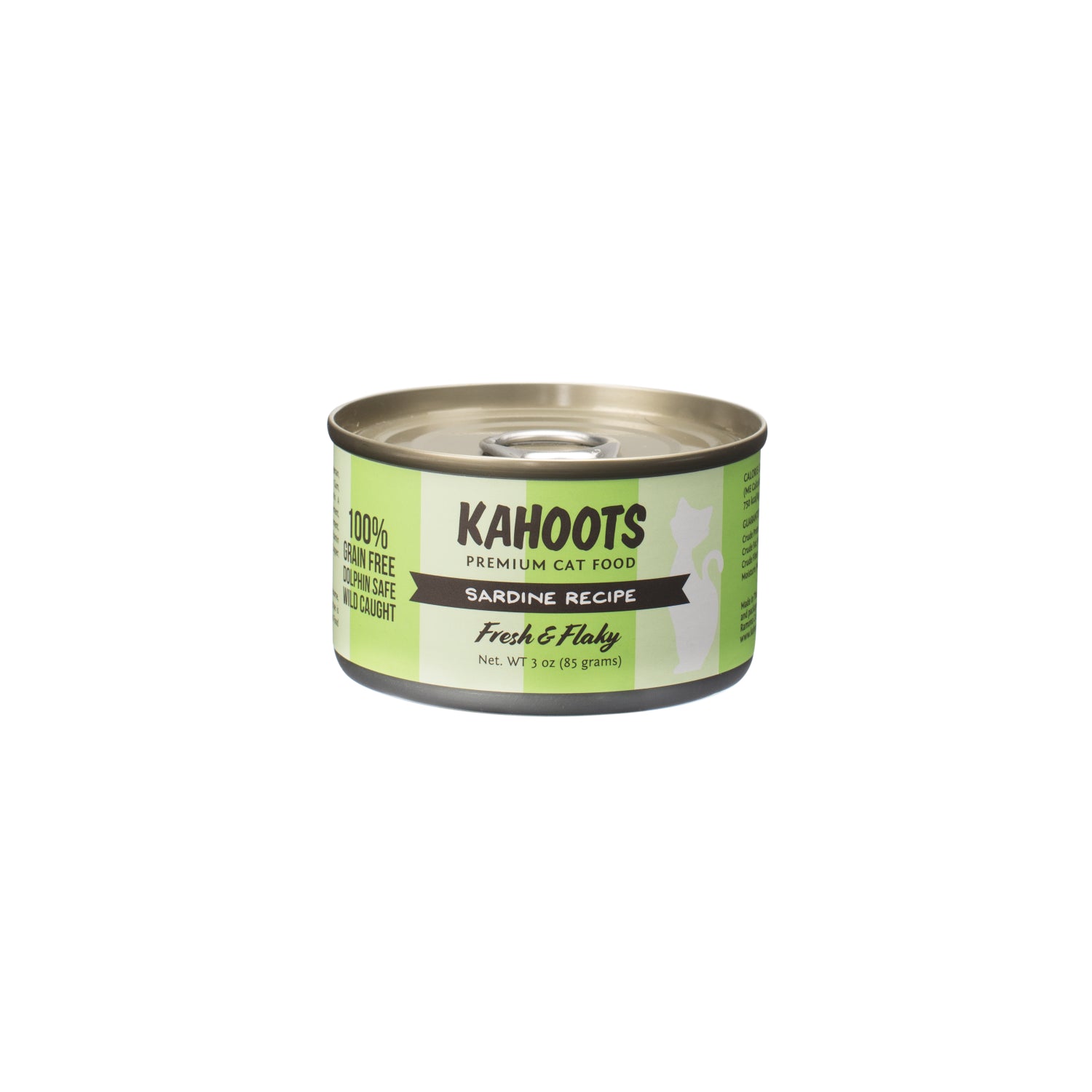 Sardine wet cat food. White cat over green colored striped background on the label