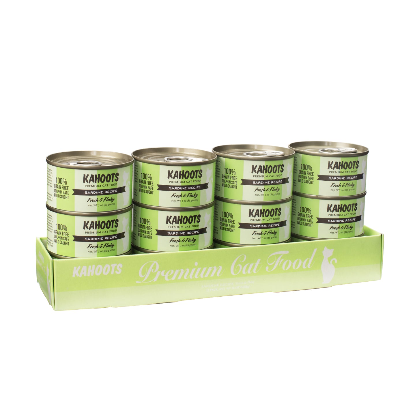 Case quantity of Sardine wet cat food. White cat over green colored striped background on the label