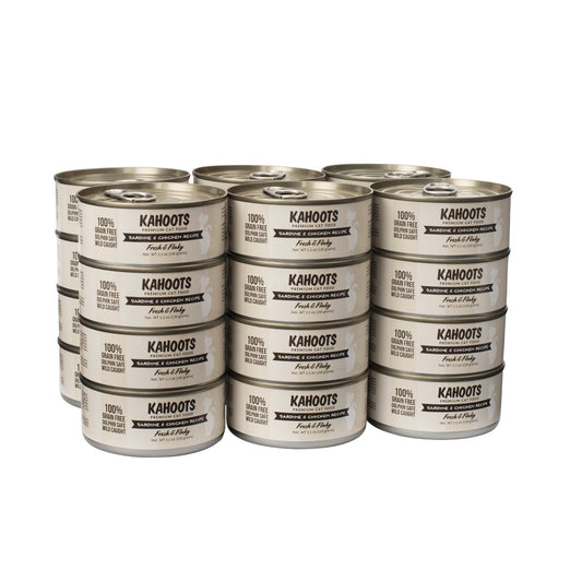 Case quantity of Sardine and Chicken wet cat food. White cat over cream colored striped background on the label
