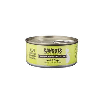 Sardine and mackerel wet cat food. White cat over green colored striped background on the label