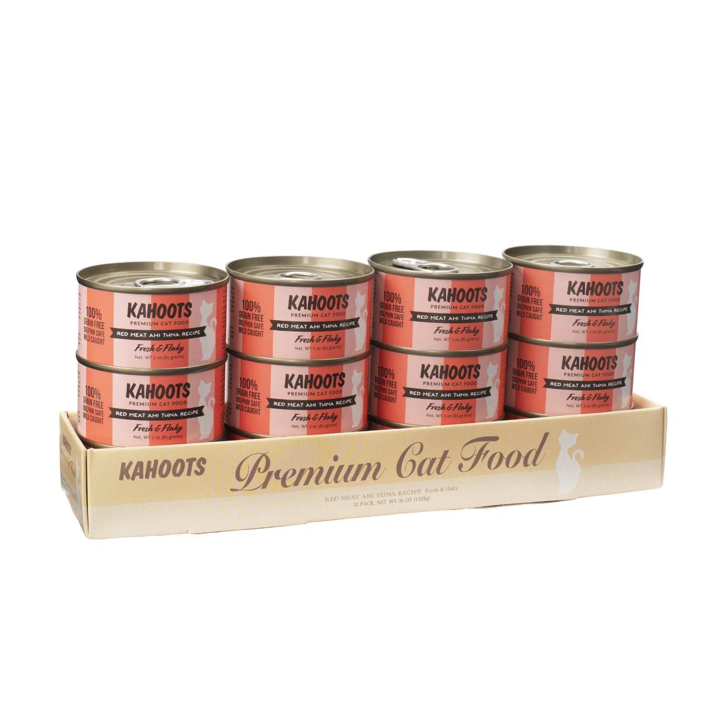 Case quantity of Red meat ahi tuna wet cat food can. White cat over a cream stripe background