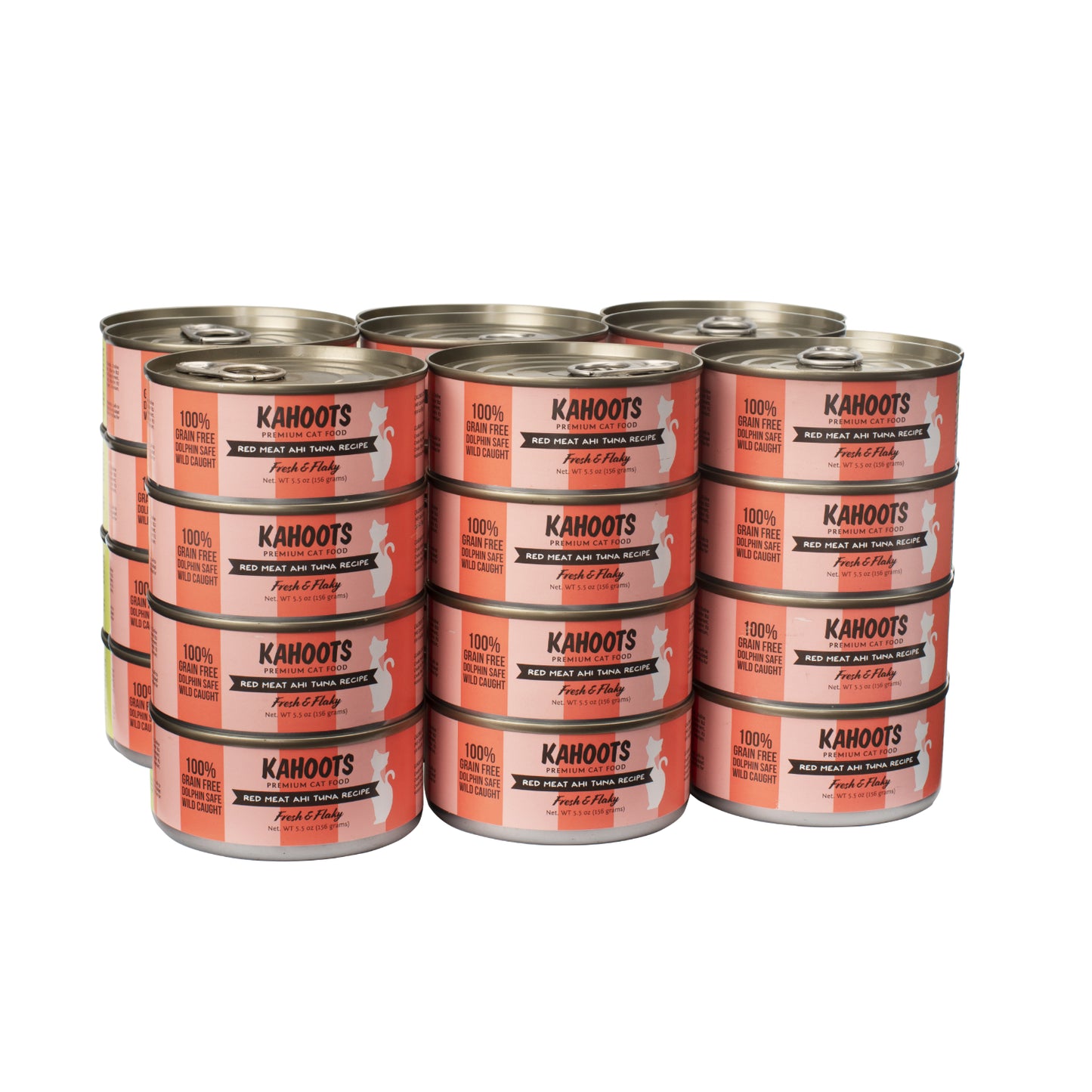 case quantity Red meat ahi tuna wet cat food can. White cat over a cream stripe background