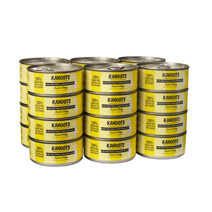 Case quantity of Red meat tuna and albacore wet cat food can. White cat over a yellow stripe background