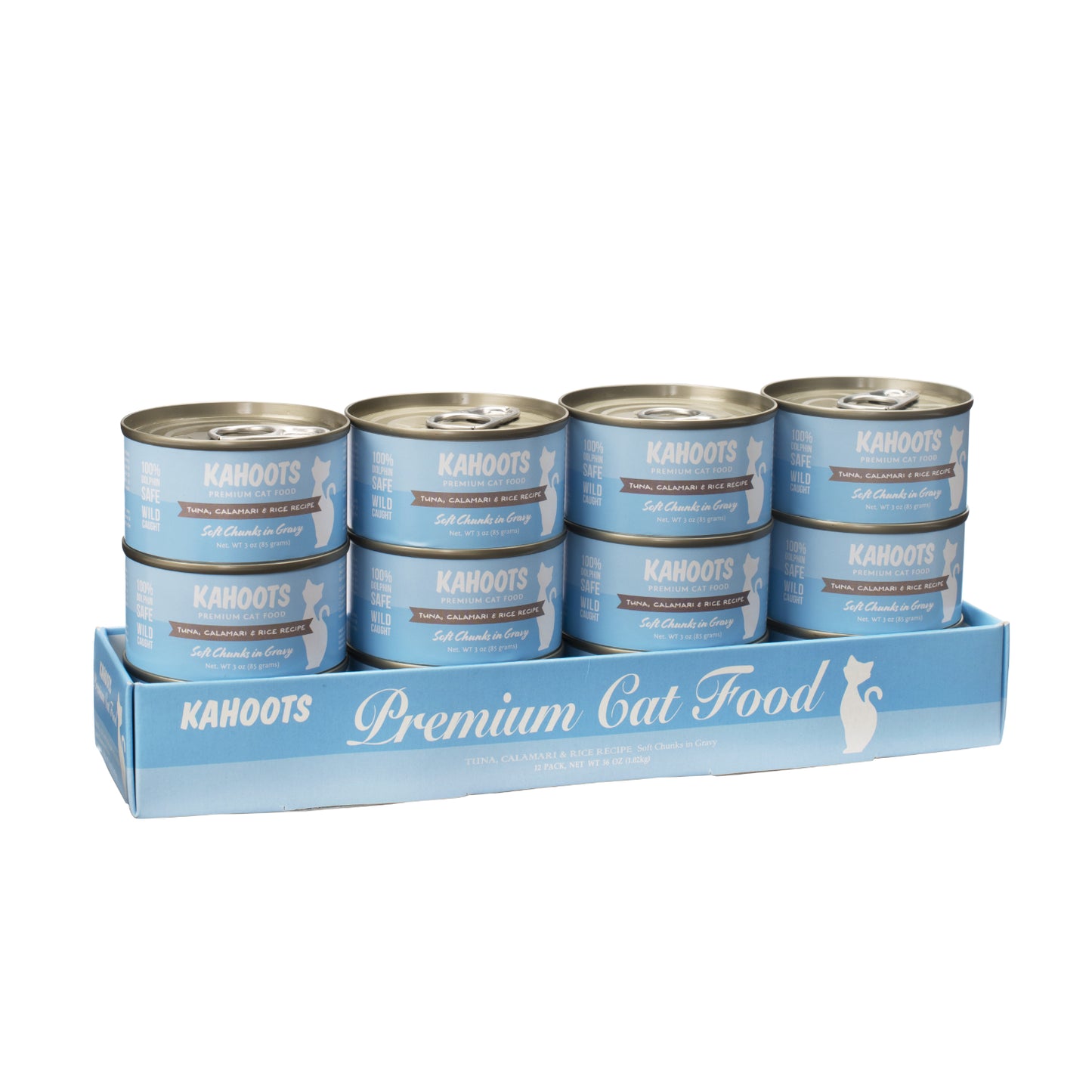 Case quantity of Tuna, Calamari, and rice wet cat food. Picture of a white cat over a blue background on label