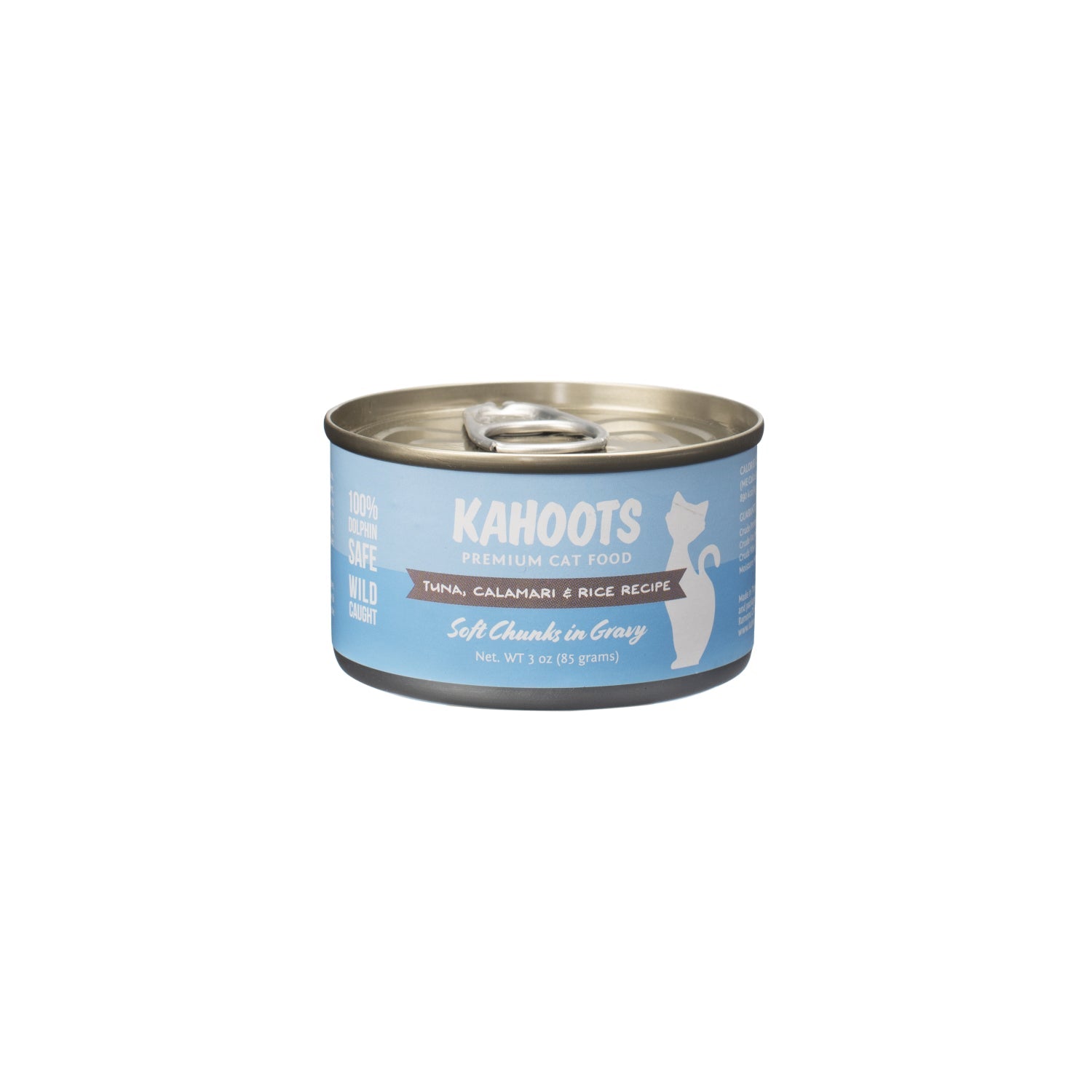 Tuna, Calamari, and rice wet cat food. Picture of a white cat over a blue background on label