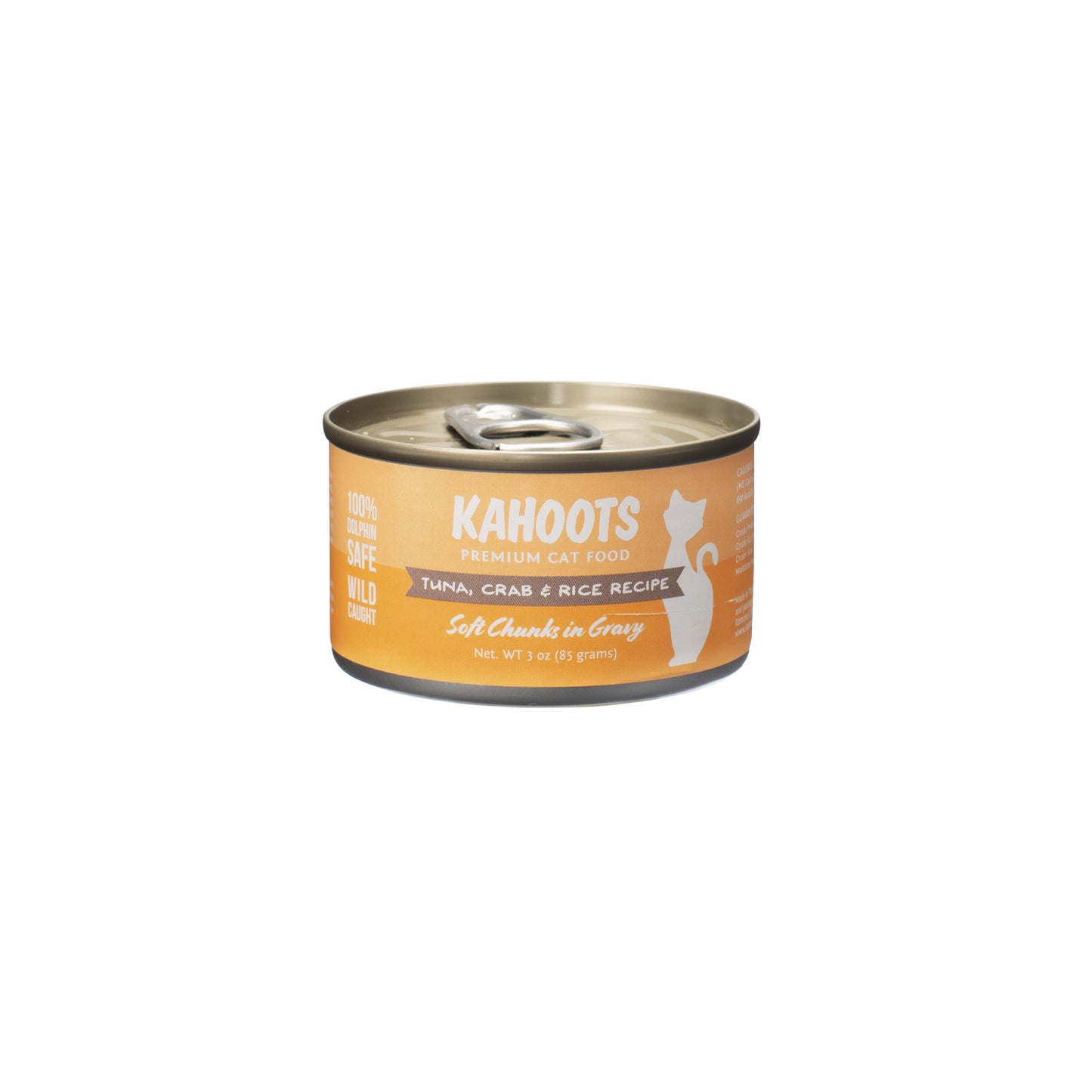Tuna, crab, and rice wet cat food. Picture of a white cat over a orange background on label