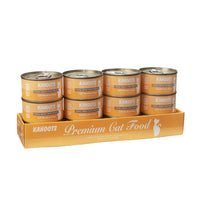 Case quantity of Tuna, crab, and rice wet cat food. Picture of a white cat over a orange background on label