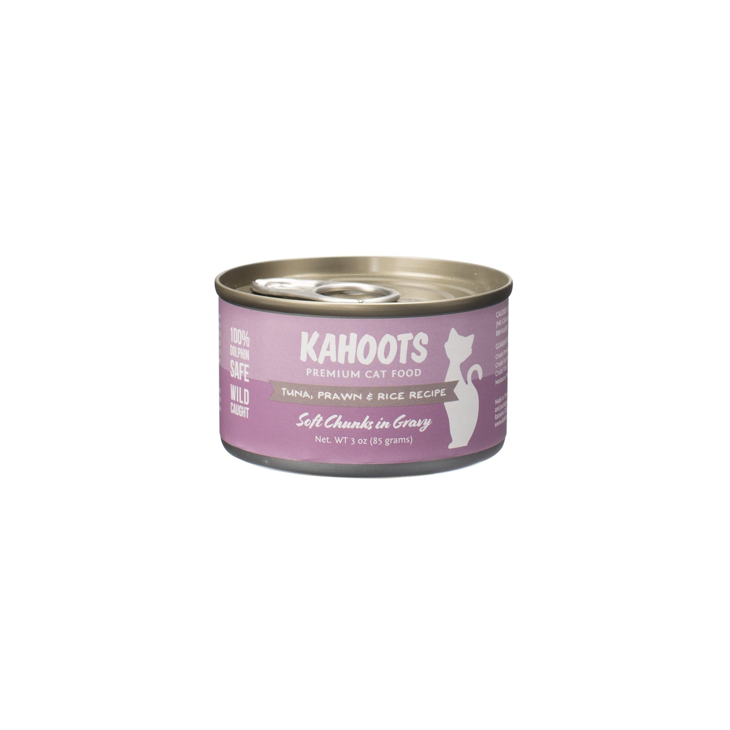 Tuna, prawn, and rice wet cat food. Picture of a white cat over a purple background on label