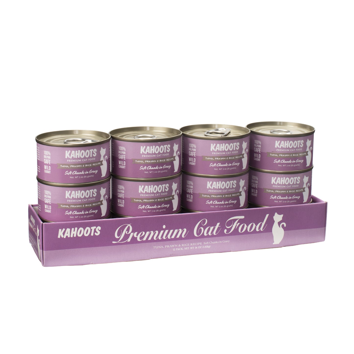 Case quantity of Tuna, prawn, and rice wet cat food. Picture of a white cat over a purple background on label