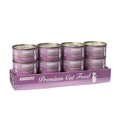Case quantity of Tuna, prawn, and rice wet cat food. Picture of a white cat over a purple background on label