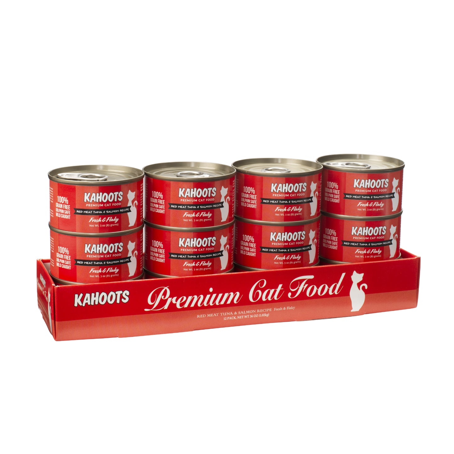 Case quantity of tuna and salmon wet cat food