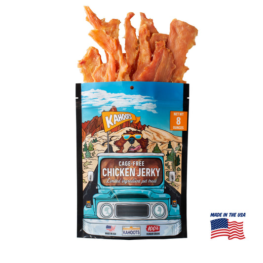 Kahoots chicken jerky packaging. Made in the USA