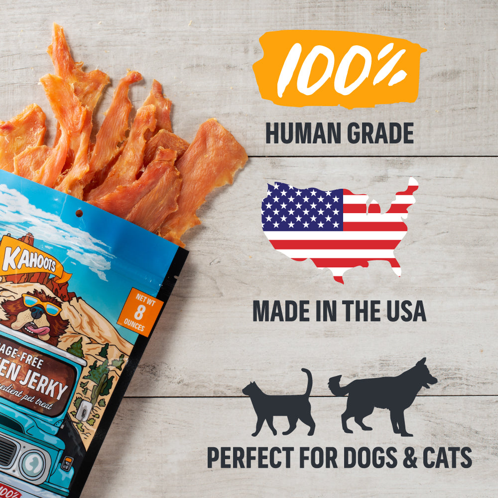 chicken jerky treat on wood background. 100% human grade, made in the USA, perfect for dogs and cats