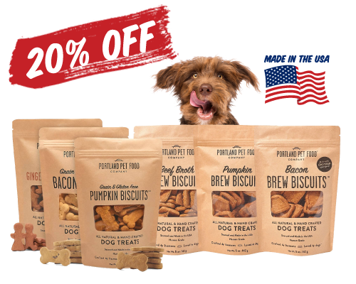 Dog treats packaging with a dog, promotional text, and 'Made in the USA' label on a white background.