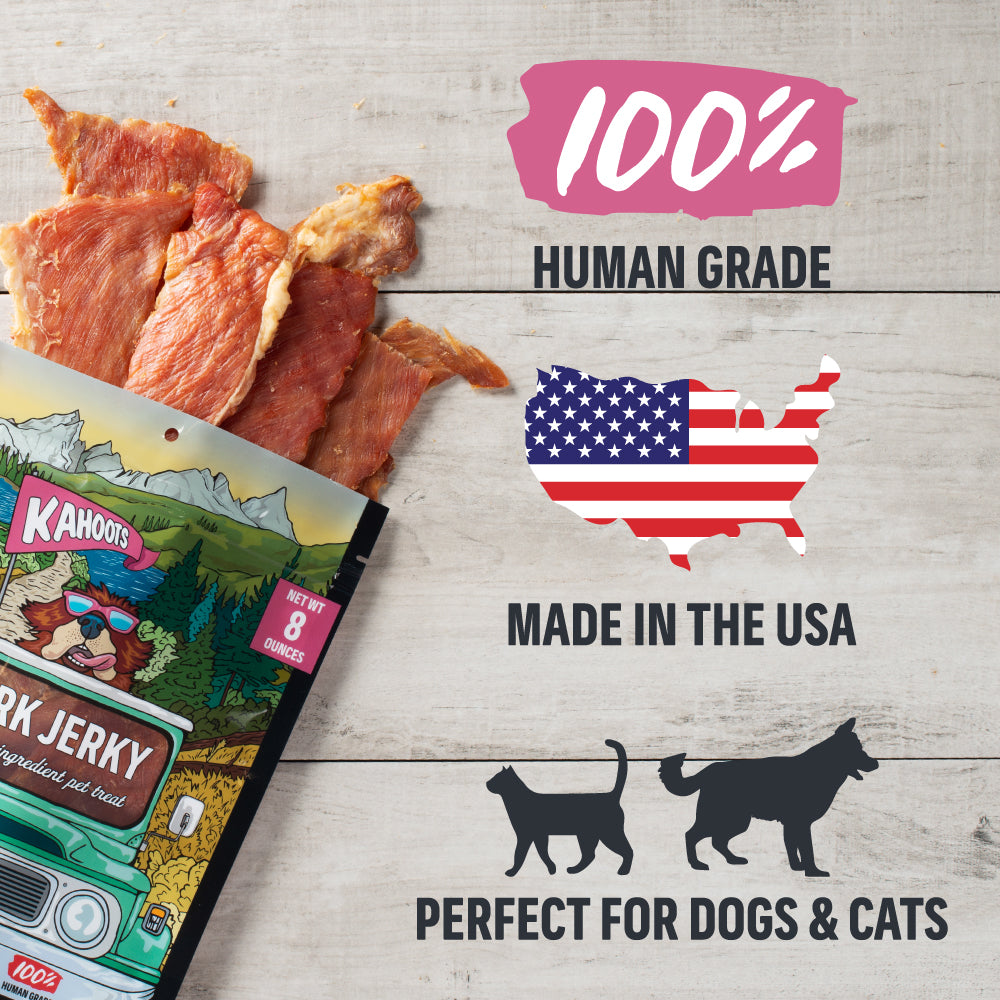 Product against a wood background. 100% human grade, made in the USA, perfect for dogs & cats
