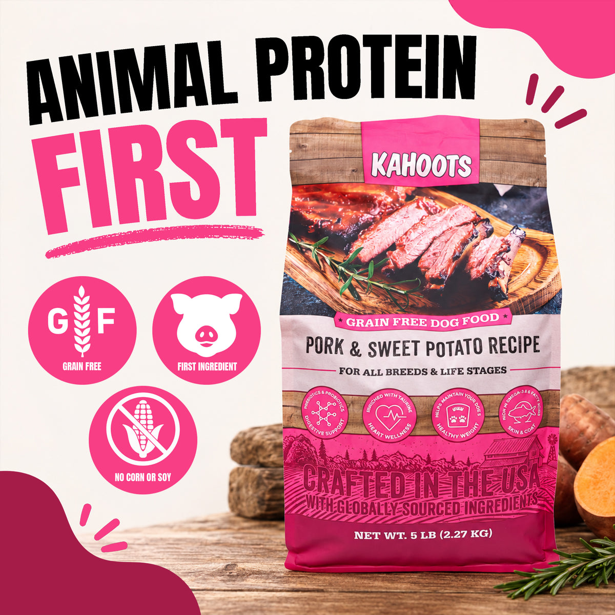 A bag of KAHOOTS Animal Protein First grain free dog food, Pork & Sweet Potato Recipe, displayed on a rustic wooden surface with promotional text and icons on a white background.