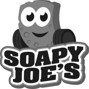 Logo of Soapy Joe's with a cartoon sponge character on a white background
