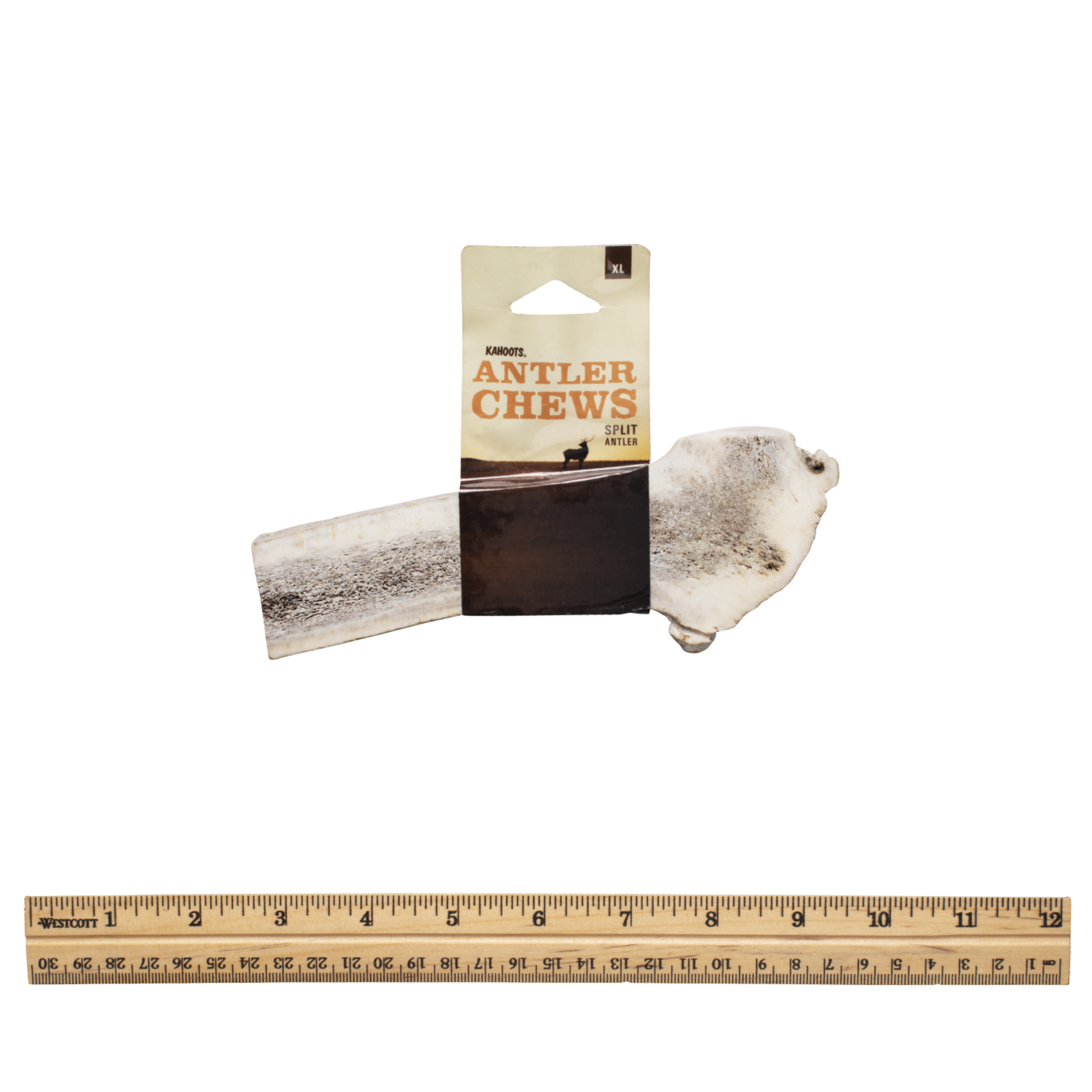 Split Antler chew with packaging and a ruler for scale on a white background