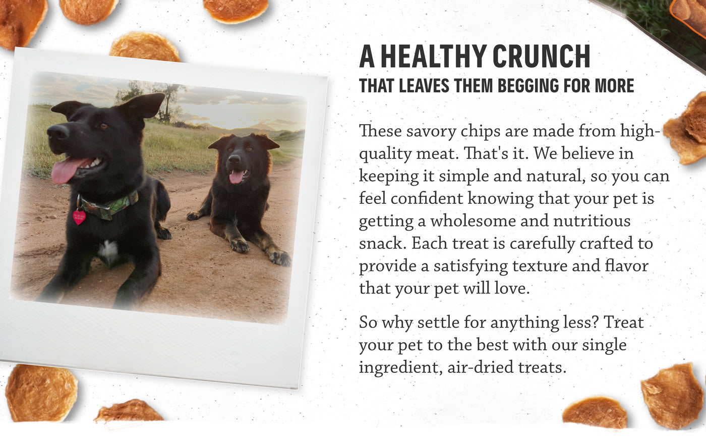 A HEALTHY CRUNCH THAT LEAVES THEM BEGGING FOR MORE. These savory chips are made from high-quality meat. That's it. We believe in keeping it simple and natural, so you can feel confident knowing that your pet is getting a wholesome and nutritious snack. Each treat is carefully crafted to provide a satisfying texture and flavor that your pet will love. So why settle for anything less? Treat your pet to the best with our single ingredient, air-dried treats