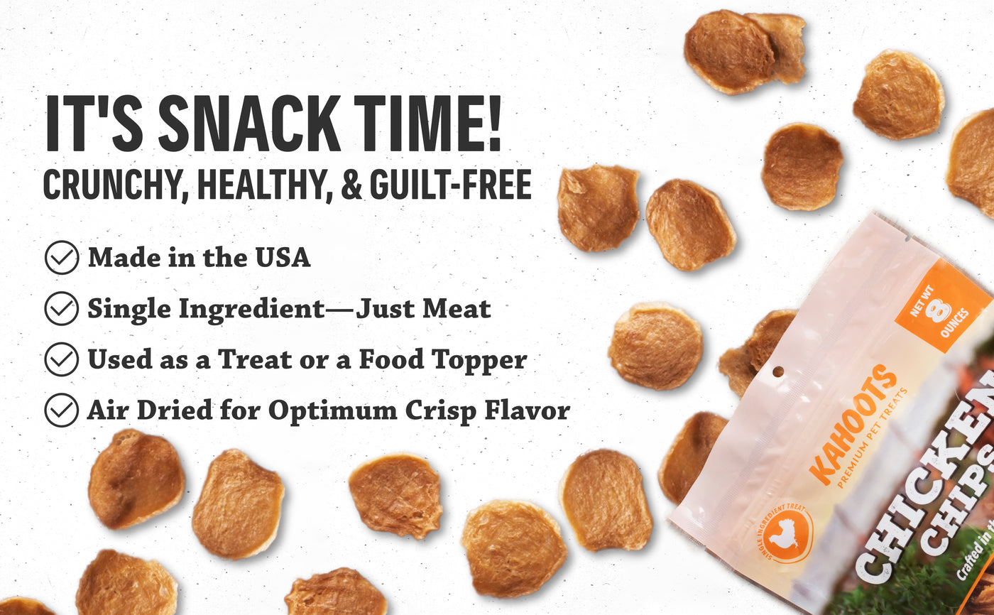 IT'S SNACK TIME! CRUNCHY, HEALTHY, & GUILT-FREE. Made in the USA, Single Ingredient: Just Meat, Used as a Treat or a Food Topper, Air Dried for Optimum Crisp Flavor